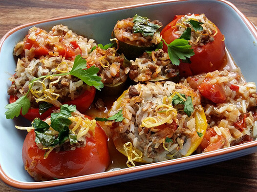Seasonal vegetables filled with Moroccan rice