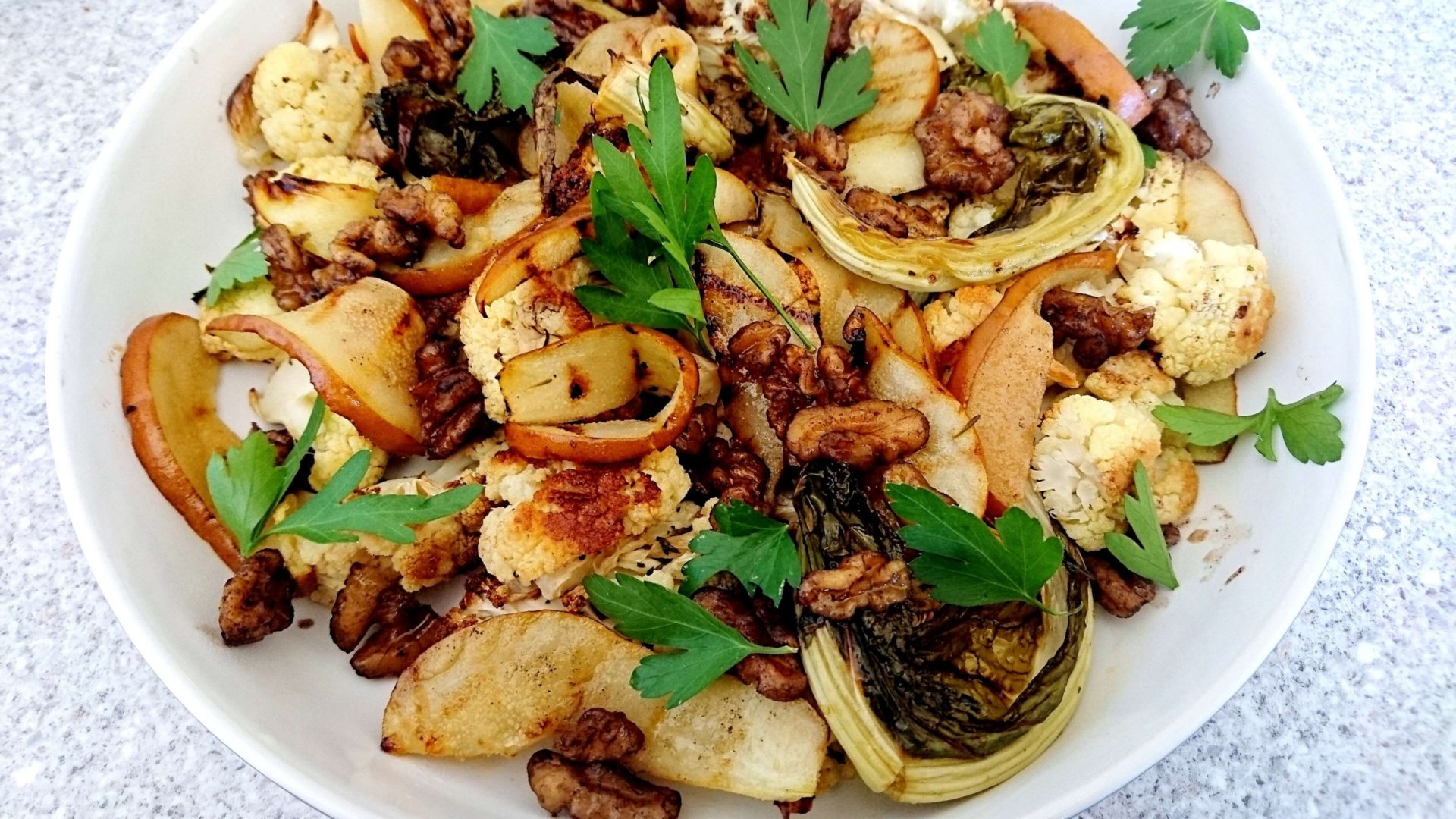 warm cauliflower, pear and walnut salad