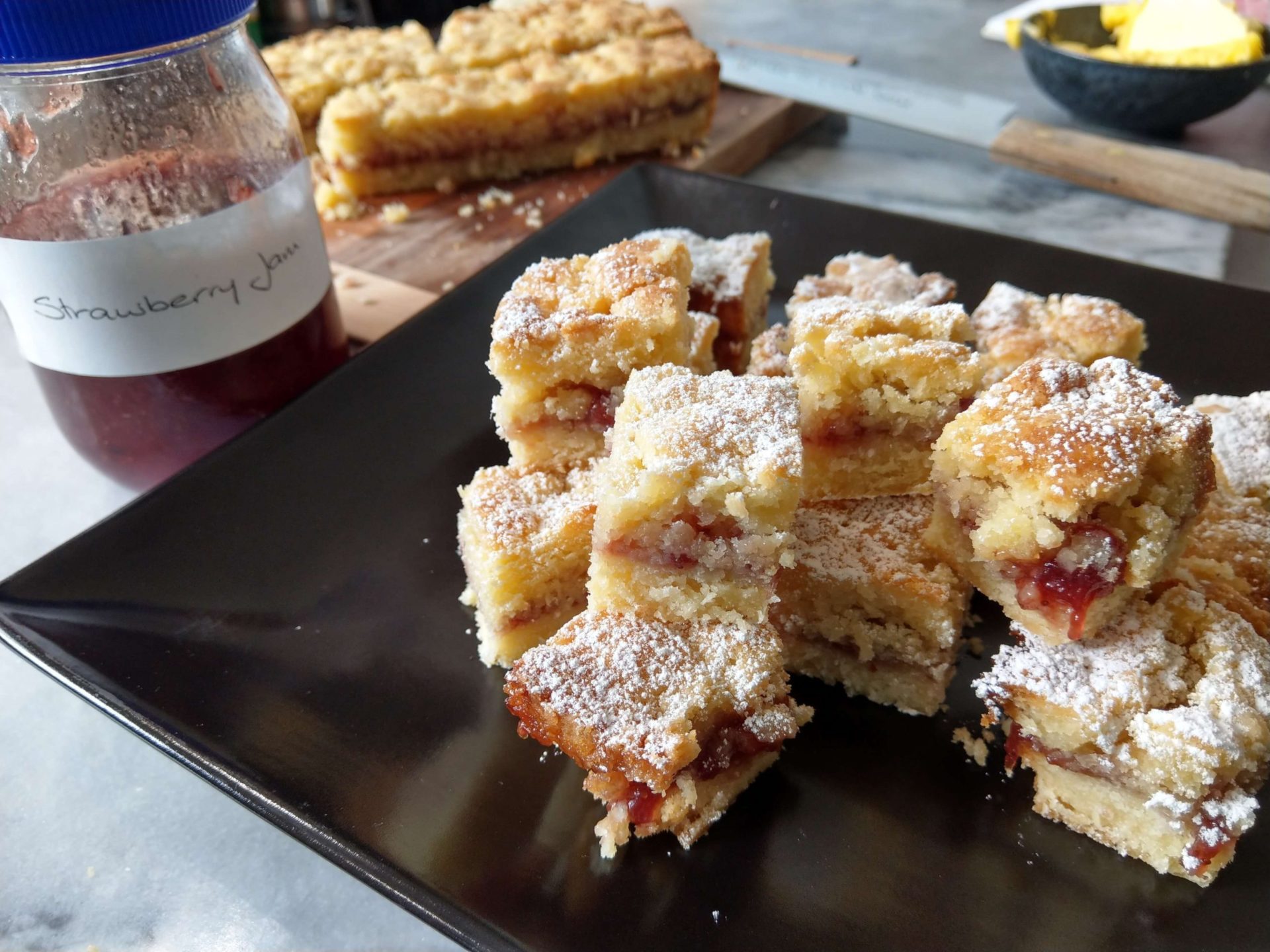 Jam filled shortbread slice